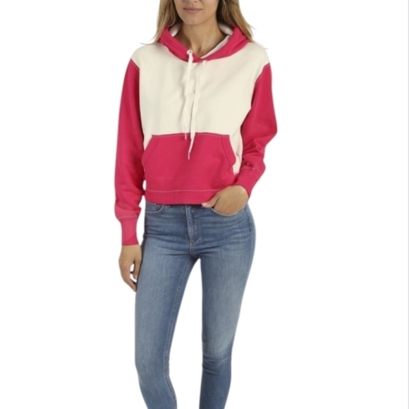 Rag & Bone Women 100% Cotton Shrunken Colorblock Hoodie Bright Rose Size M - Picture 1 of 14